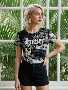 Jasper Canada Graphic Tee Women’s Large Black Big Bang Clothing Cotton Crew Neck